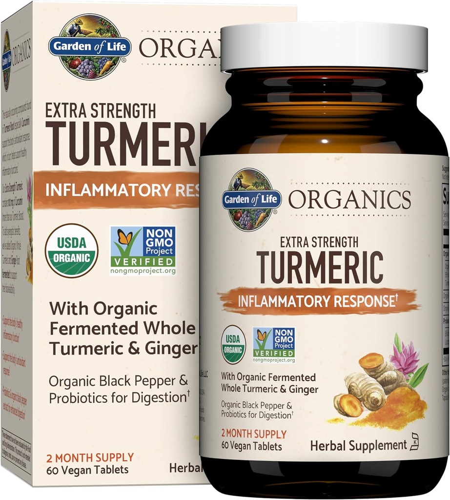 Garden of Life Organics Extra Strength Turmeric Inflammatory Response 60 Comprimés-100mg Curcumine (95% Curcuminoides) Poivre noir, Probiotiques, Organic Non-OGM Vegan Gluten Supplément à base de plantes sans gluten