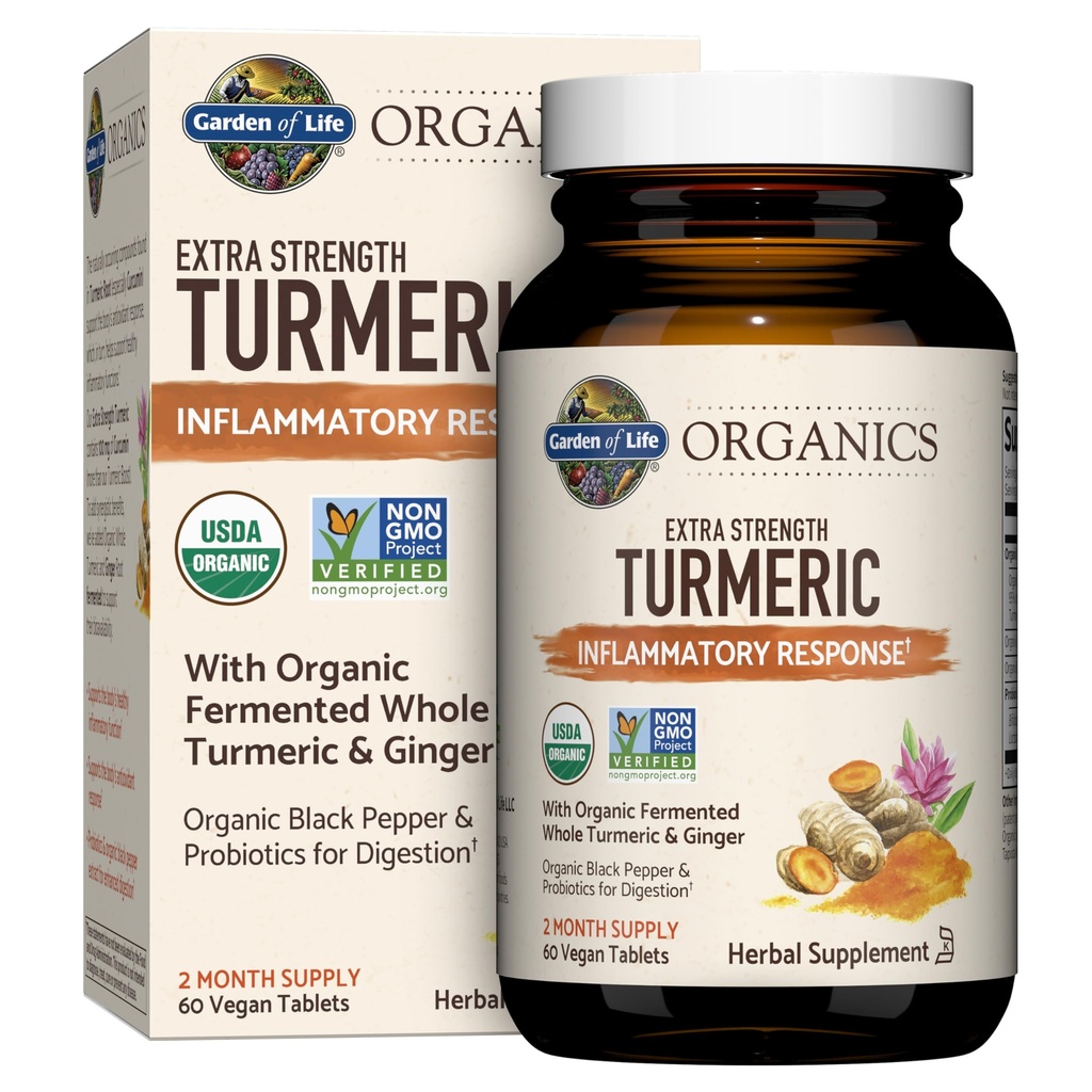 Garden of Life Organics Extra Strength Turmeric Inflammatory Response 60 Comprimés-100mg Curcumine (95% Curcuminoides) Poivre noir, Probiotiques, Organic Non-OGM Vegan Gluten Supplément à base de plantes sans gluten