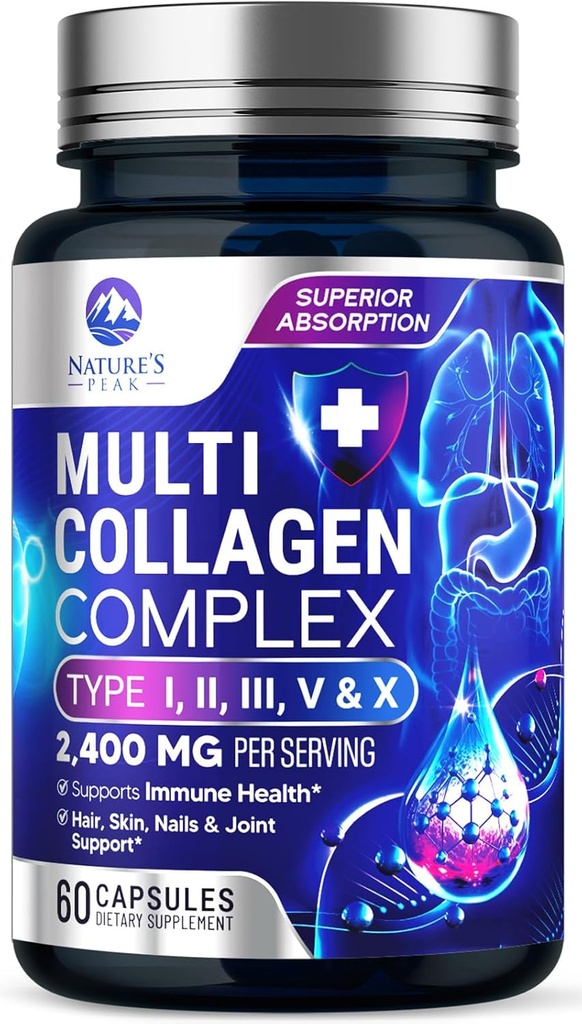 Multi Collagen Peptides Supplement for Hair, Nail, Skin - Type I, II, III, V, X, Collagen Powder Pills - Grass-Fed, Hydrolyzed for Bone and Joint Support for Women & Men, Non-GMO - 60 Capsules