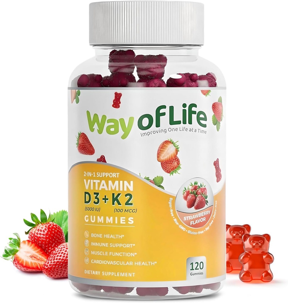 Vitamine D3 5000 UI (125 mcg) + K2 (MK-7) 100 mcg Gommies sans sucre, Fraise - 120 nombre, Santé des os et du coeur pour les adultes, Funtion musculaire, Pectine, Taste, Chewy, Non-OGM, Sans gluten, Sans gélatine