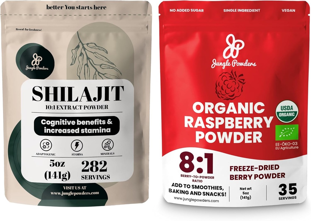 Jungle Powders Superfood Bundle: 5oz Raw Shilajit & 5oz Bio Raspberry Powder Combo - Soutien énergétique pour hommes, Immune Boost, USDA Certifié framboises rouges séchées surgelées pour la cuisson, smoothies