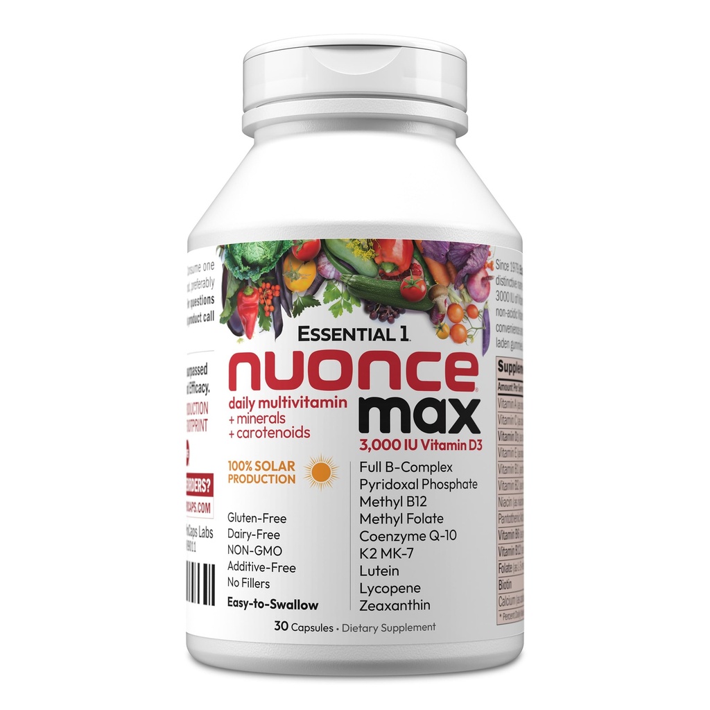 ANDREW MOINSMAN Essential-1 nuonce max Multivitamine 3000 UI Vitamine D3 30 Petites Capsules. 100 mcg Méthyl B12. CoQ10 Lutéine Lycopène Zeaxanthin. Haute puissance. Pas d'additifs. Une gélule quotidienne ultra-mince