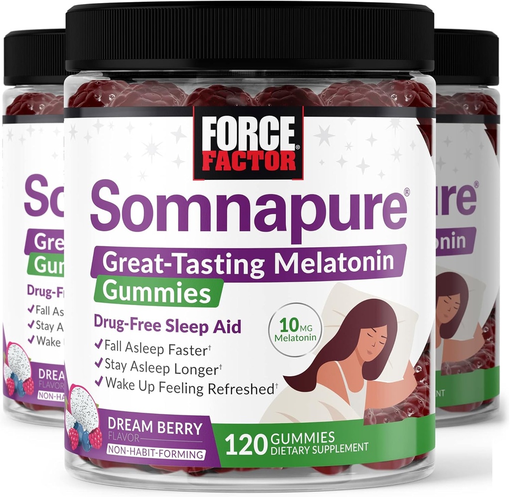 Facteur de force Sommies Somnapure avec Melatonine pour adultes, Supplément d'aide au sommeil non-habitant pour le sommeil profond, rester plus longtemps en sommeil, se réveiller rafraîchi, Dream Berry Flavor, 360 Gummies (paquet de 3)