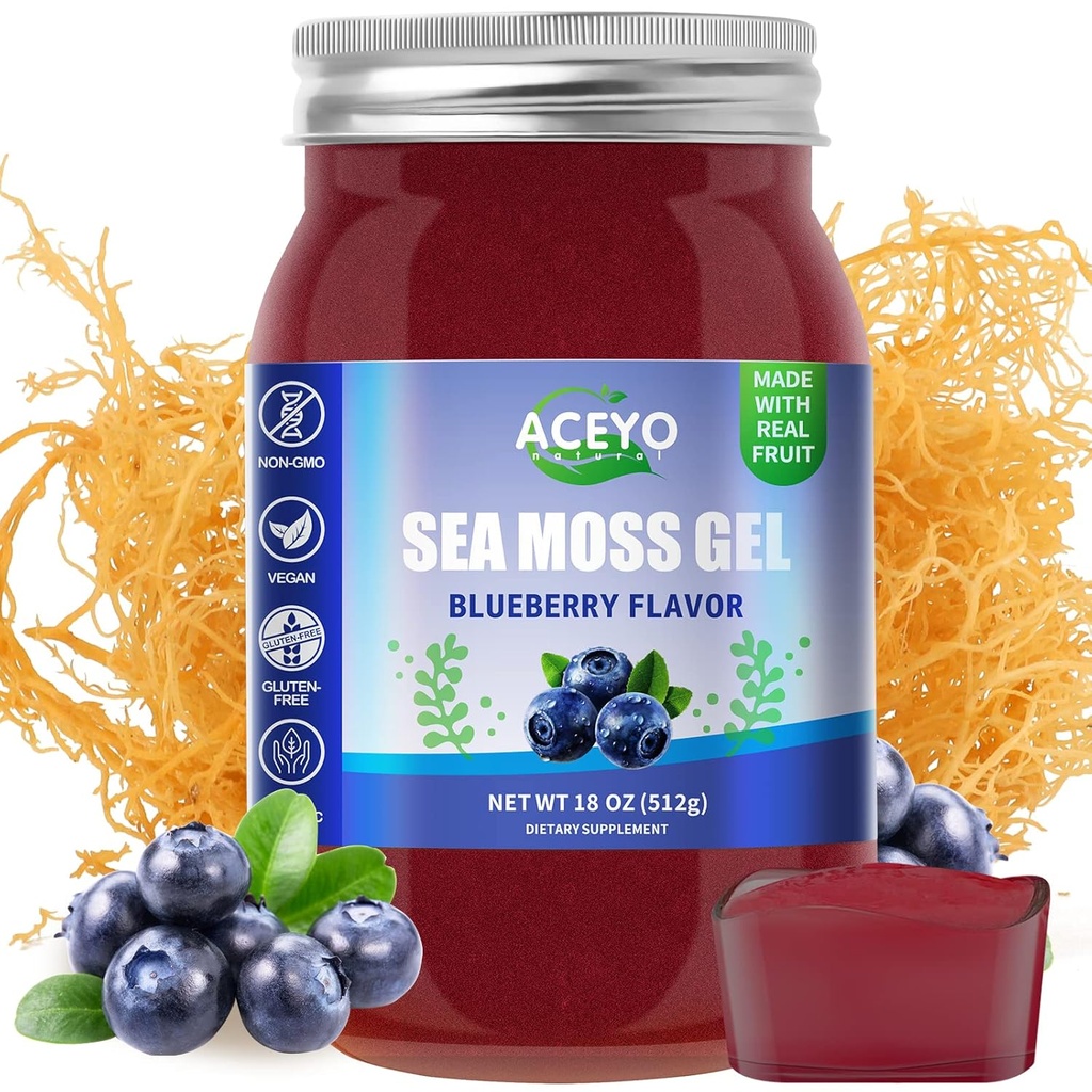 ACEYO (18 OZ) Irish Sea Moss Gel Bio cru de bleuet végétalien Saveur 102 Vitamines et minéraux Wild Harvested Non-GMO Immune Defense Booster Thyroïde Soutien digestif