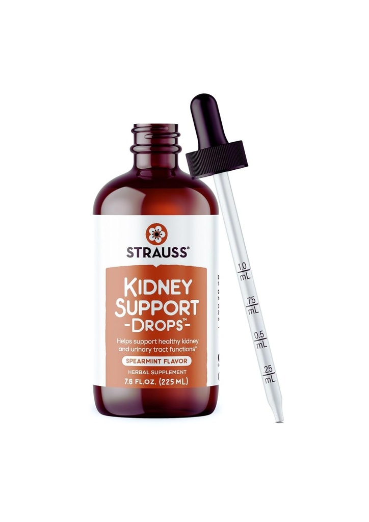 Strauss Naturals Supplément de soutien au rein gouttes pour les hommes et les femmes – Nettoyage du rein Detox & Réparation – Aide avec la fonction de tract urinaire - Vegan & non-OGM – Saveur Spearmint – Bouteille de 225 ml