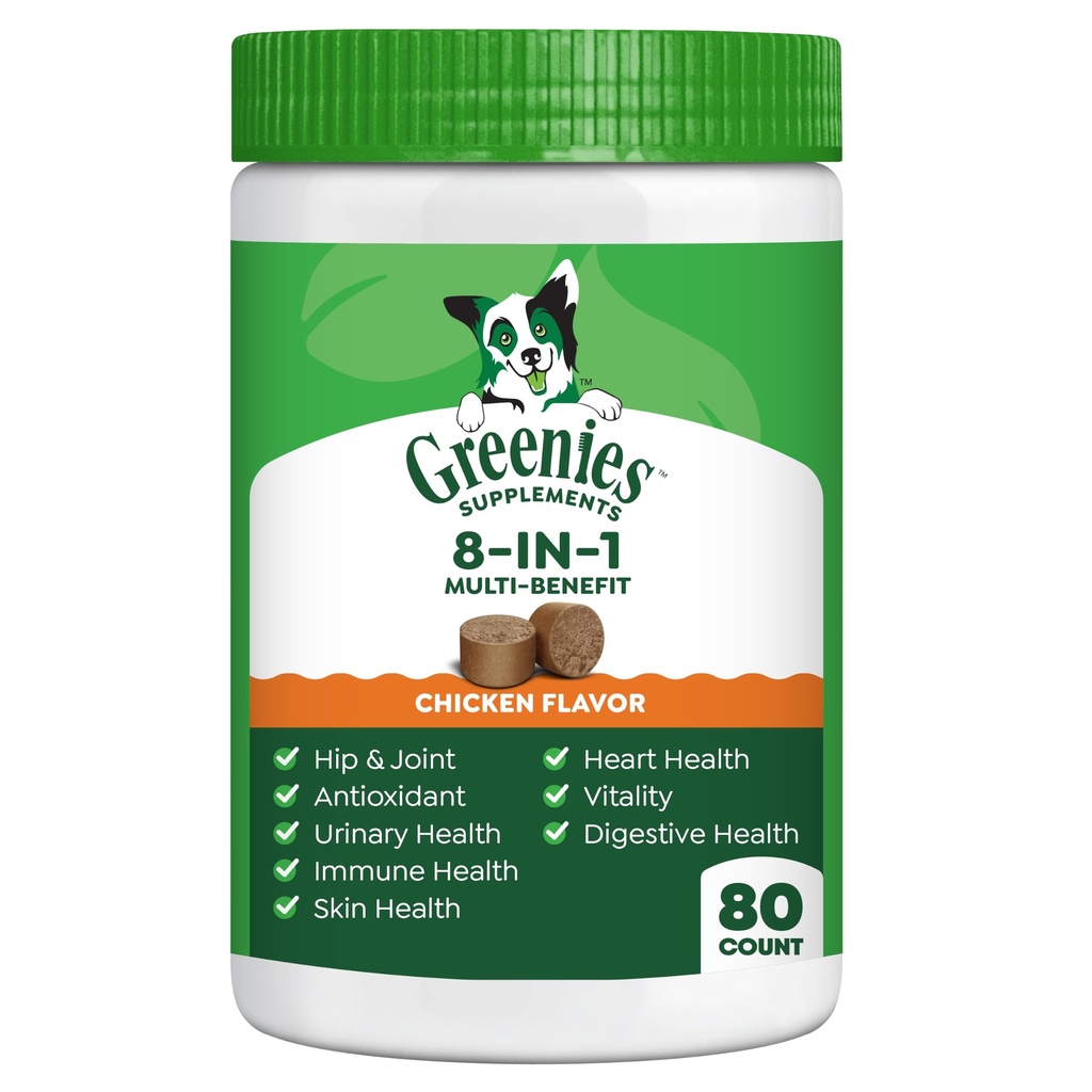 Greenies Suppléments pour chiens 8-en-1 multi-bénéfices saveur de poulet, 15,5 oz. Conteneur, 80 Compte