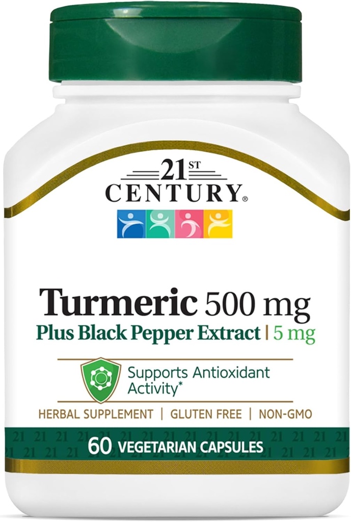 21st Century Turmeric 500 mg Plus Black Pepper Extract Capsules végétariennes, 60 Compte