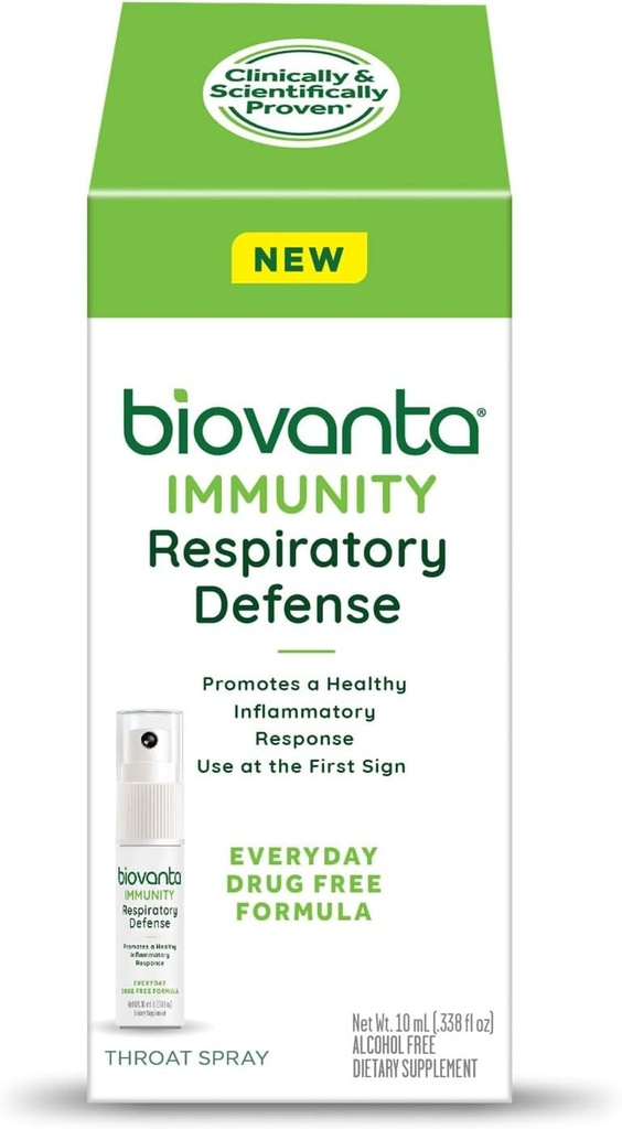 Biovanta Immunity Throat Spray, 10ml, soutien immunitaire naturel et soulagement de la gorge douloureuse apaisante, défense respiratoire, prébiotiques pour soutenir la santé des Gut