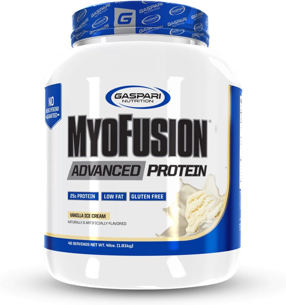 Gaspari Nutrition Myofusion Protéines avancées, mélange de protéines avec protéines de lactosérum, protéines de caséine et protéines isolées, faibles graisses et sans gluten (4 livres, crème glacée Vanilla)