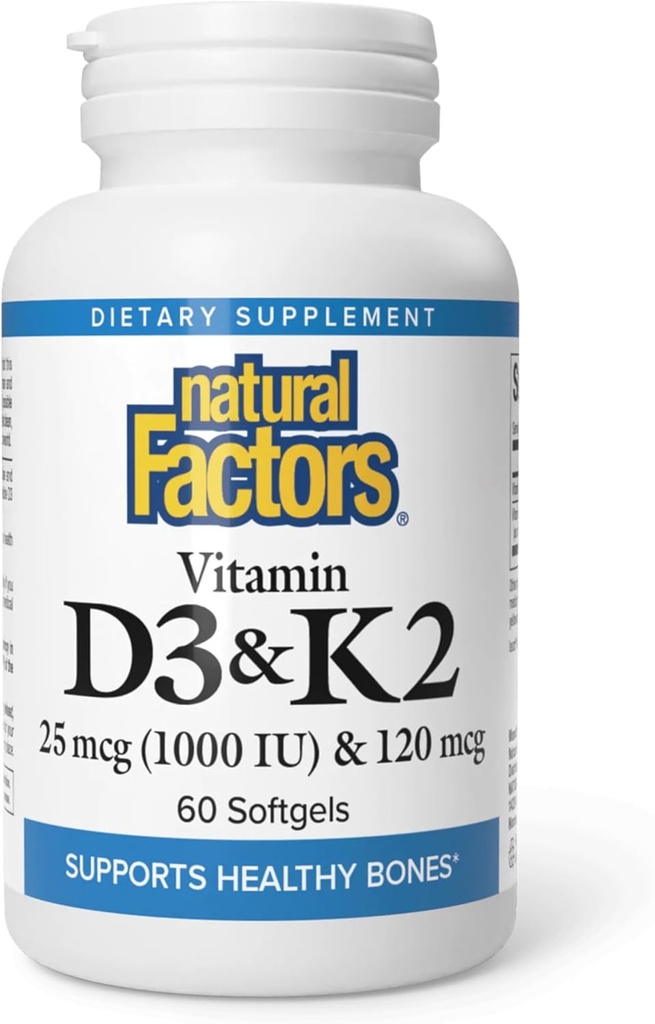 Facteurs naturels, vitamine D3 & K2 1000 UI et 120 mcg, soutient la santé osseuse et vasculaire, 60 Softgels