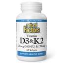 Facteurs naturels, vitamine D3 & K2 1000 UI et 120 mcg, soutient la santé osseuse et vasculaire, 60 Softgels
