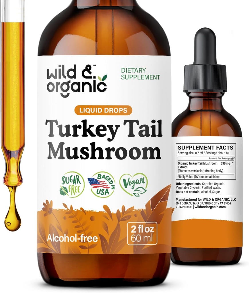 Teinture de la queue de dinde sauvage et biologique - Immune & Gut Support - Turquie Tail Mushroom Extract Drops - Vegan, sucre et supplément liquide sans alcool - 2 fl oz