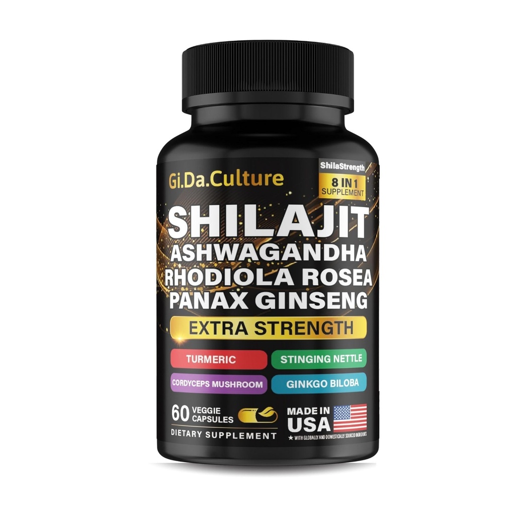 Shilajit Ashwagandha Rhodiola Rosea Panax Ginseng - pour hommes et femmes - Capsules Shilajit - 60 Capsules de Veggie