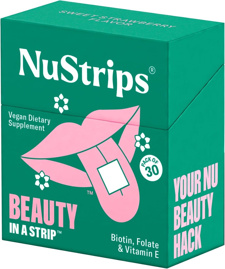 NuStripsTM Bandes de beauté à dissolution rapide avec biotine, folate et vitamine E – Supplément cheveux, peau et ongles – soutient la croissance des cheveux et réduit la chute des cheveux – non-OGM, végétalien – fraise délicieuse – 30 bandes