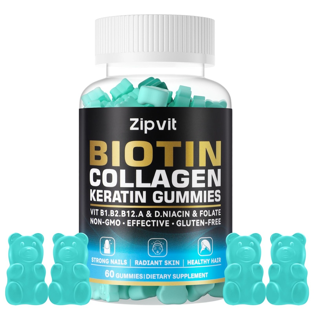 zipvit Gommies de collagène de Biotine – Peau et ongles Vitamines pour les femmes et les hommes – Vitamines de croissance capillaire : B1, B2, B3, B6, B7, Collagène, Kératine, Vitamine A & D – Supplément de croissance capillaire – 60 ours gommy