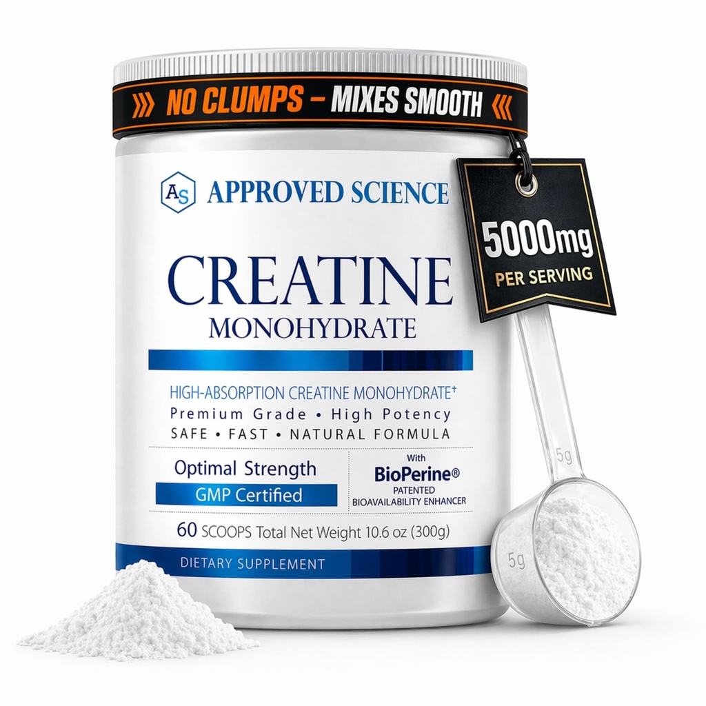 Science approuvée Poudre monohydratée de créatine avec biopérine - soutient la croissance et la récupération musculaires maigres - 60 portions - 5g par portion - Sans aromatisé - non-OGM, végétalien