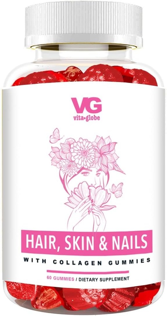 VITA GLOBE Cheveux, peau et ongles + Gommies de collagène – 20 mg avec des vitamines A, C, D, E, B6 et Biotin.