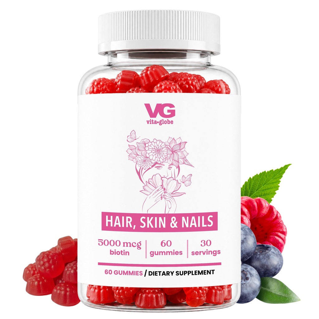 VITA GLOBE Hair, Skin & Nails + Collagen Gummies – 20mg with Vitamins A, C, D, E, B6 & Biotin, Beauty & Wellness Supplement for Healthy Hair Growth, Radiant Skin & Strong Nails 60 Count (Pack of 1)