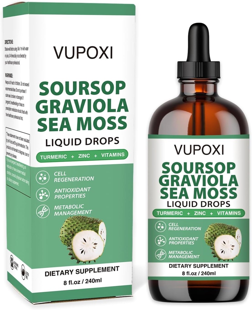 Soursop Multivitamine Liquid Drops Support et régénération cellulaire, Immune Boost, Fibre diététique et sommeil, Extrait de sourcil organique sans sucre, sans OGM, 100% végétalien, sans gluten-8 Fl Oz/240 ML