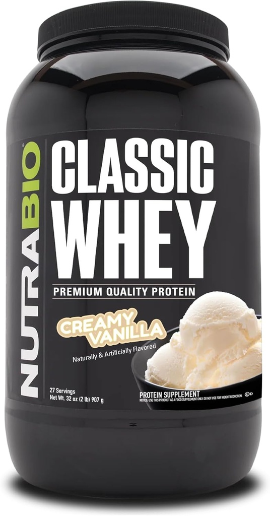 NutraBio Classic Whey Protein Powder- 25G de protéines par scoop - Profil d'acide amino plein spectre - Pas de remplissage, Couleurs artificielles, Préservatifs - Faible indice glycémique - Vanille crémeuse, 2 livres