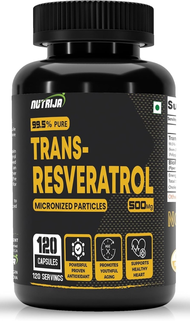 Trans Resvératrol 500MG Capsules - 99,5% Pure Micronised and Highly Bioavailable Supplement.