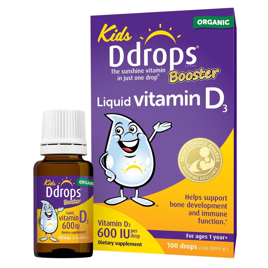 Drops Kids Booster 600IU 100 gouttes - Vitamine liquide D quotidienne pour les enfants. Pas de conservateurs, Pas de sucre, Non-OGM, Allergie-Amis