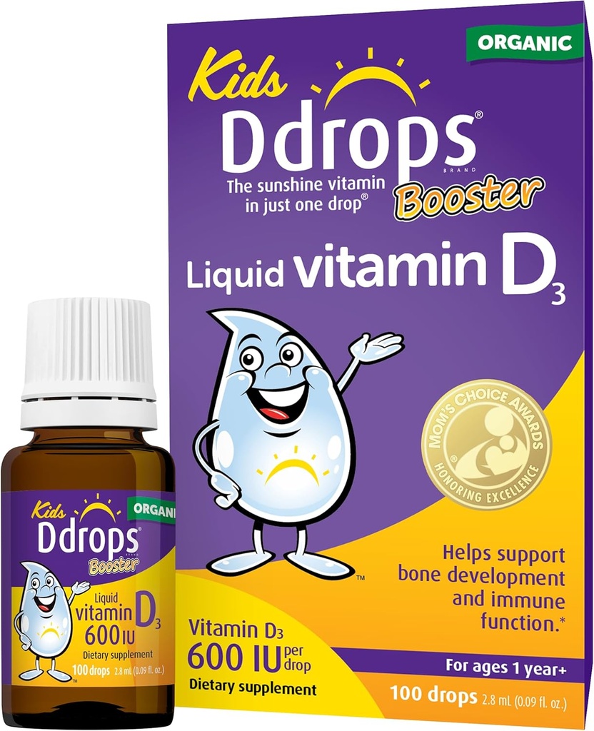 Drops Kids Booster 600IU 100 gouttes - Vitamine liquide D quotidienne pour les enfants. Pas de conservateurs, Pas de sucre, Non-OGM, Allergie-Amis