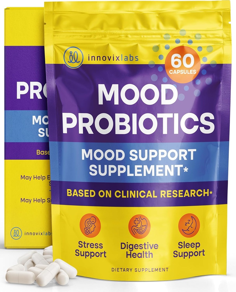 InnovixLabs Mood Probiotique pour les femmes et les hommes, Supplément de soutien digestif et d'humeur cliniquement étudié, Lactobacillus helveticus Rosell-52ND & Bifidobacterium longum Rosell-175, 60 Capsules