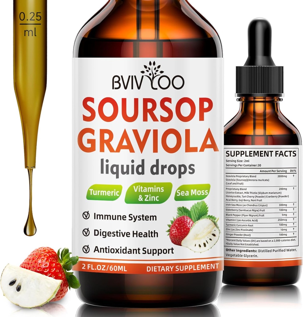 Sourop Graviola gouttes liquides pour le soutien cellulaire et la régénération, Immune Boost, Relax, Foie et Sommeil, Sourop Bitters liquides, sans sucre/gluten, fraises naturelles Flavor - 2 Fl Oz (60ml) bouteille