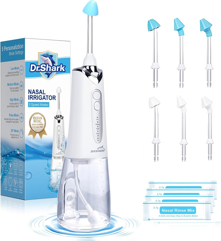 DR.SHARK Cordless Nasal Irrigation System, Electric Netting Pot for Sinus, Nose Cleaner, Sinus Cleaner Machine, 5 Modes Nasal Rinse Machine