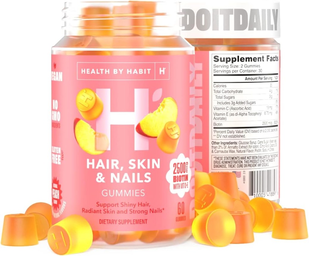 Santé par Habit Supplément cheveux, peau et ongles (60 Gummies) - 2500mcg Biotine, Vitamine C, Vitamine E, Nails forts, Saveur de pêche, Vegan, Sans gluten, Non-OGM