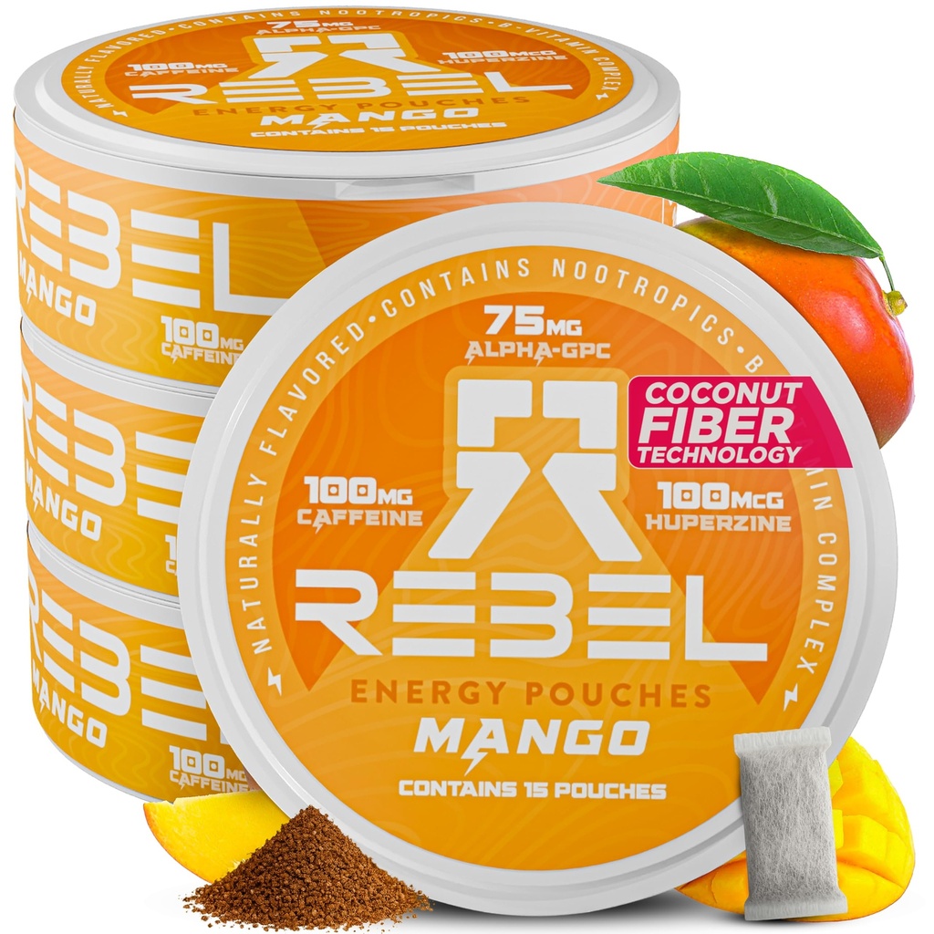 Poupées de caféine Nootropic Energy • 100 mg de caféine • Alpha GPC • Huperzine A & Vitamines essentielles • Sans sucre • Technologie de fibre de coco • Flacon de mangue • 15 Pochettes par boîte (paquet de 4)