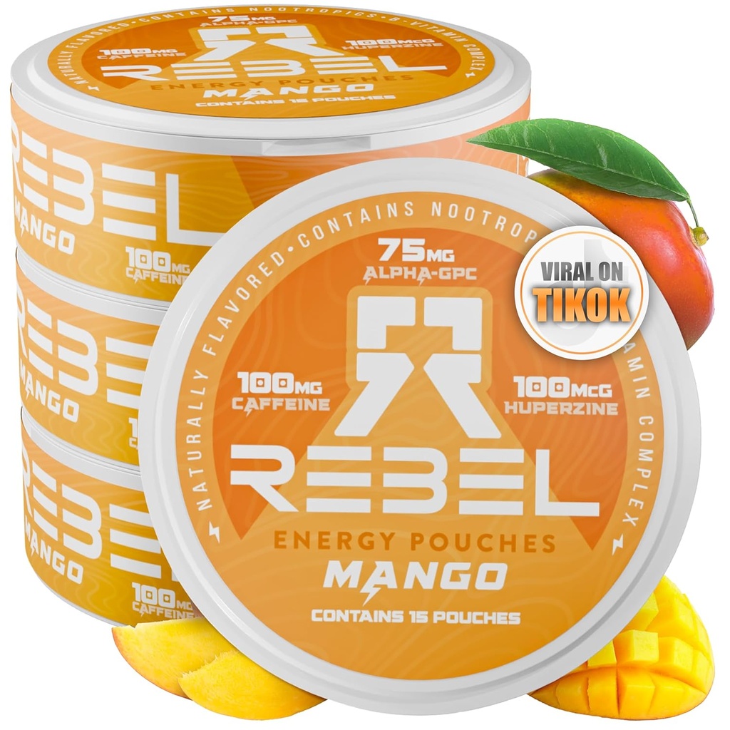 Poupées de caféine Nootropic Energy • 100 mg de caféine • Alpha GPC • Huperzine A & Vitamines essentielles • Sans sucre • Technologie de fibre de coco • Flacon de mangue • 15 Pochettes par boîte (paquet de 4)