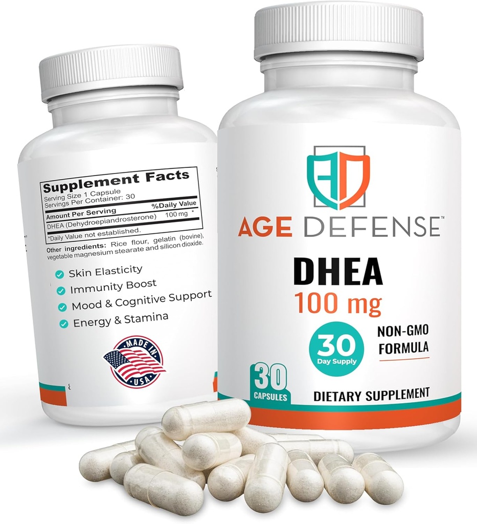 Capsules DHEA - Suppléments DHEA - Soutien à l'énergie naturelle et immunitaire - Soutien à la vitalité, à l'élasticité cutanée et au bien-être général - Supplément DHEA pour les femmes et les hommes (100 mg)