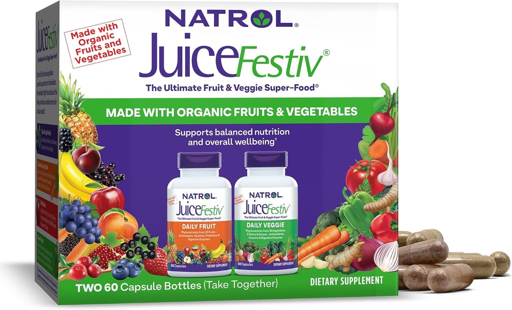Natrol JuiceFestiv, Le Fruit Ultime et Veggie Super-Food pour soutenir une nutrition équilibrée et le bien-être global, plus des antioxydants pour la santé cellulaire, 60 Capsules (2-Count), jusqu'à 30 jours d'approvisionnement