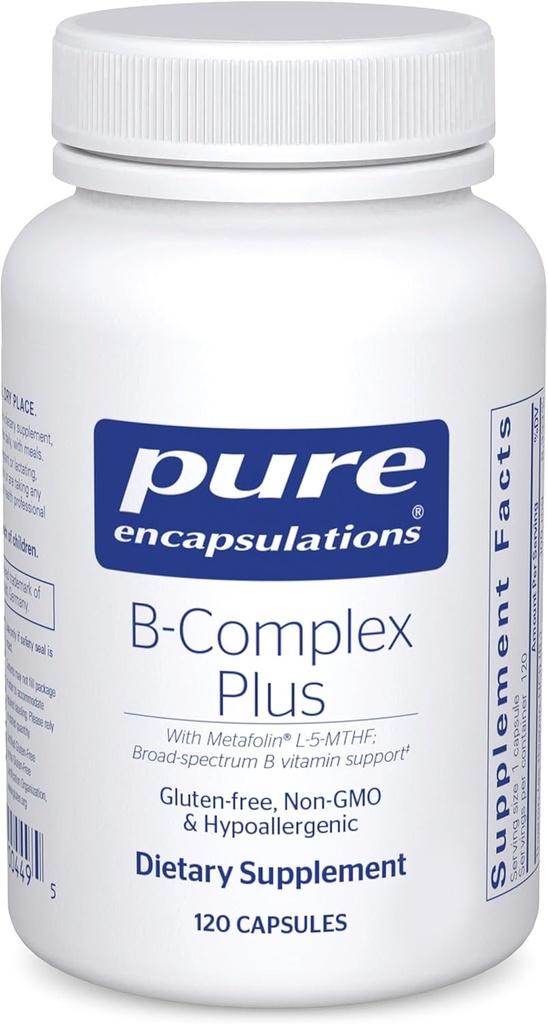 Encapsulations pures B-Complex Plus - Supplément de vitamines B pour soutenir la santé neurologique, la santé cardiovasculaire, les niveaux d'énergie et le système nerveux* - avec vitamine B12 et plus - 120 capsules