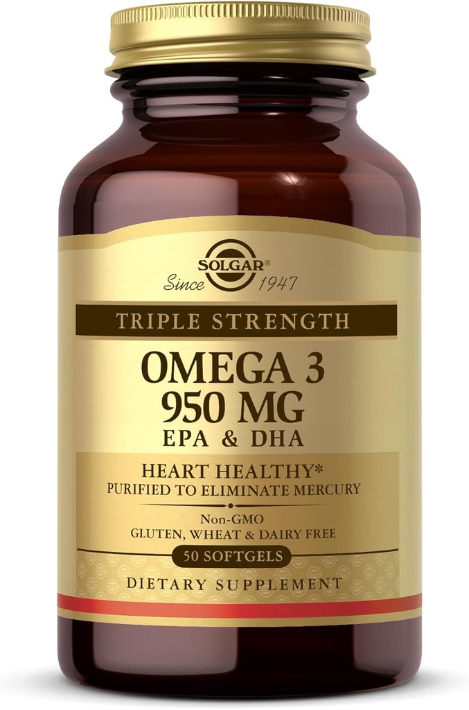 Solgar Triple Strength Omega 3 950 mg - 50 Softgels - Soutient la santé des articulations et de la peau - Non-OGM, sans gluten, sans lait - 50 portions
