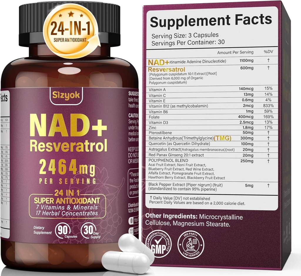 Supplément NAD 1100mg Pure Organic, Liposomale NAD Resveratrol Supplément pour les femmes et les hommes, Boost NAD+ pour la défense du vieillissement, énergie cellulaire, Focus - Ultra Antioxydant, 90 Capsules