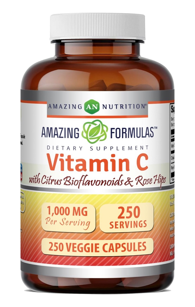 Formules étonnantes Vitamine C avec Rose HIPS & Citrus Bioflavonoïdes (1000 Mg par supplément de service) 250 Capsules Veggie (100 mg) Non-GMO (100 mg) Sans gluten (100 mg) Fabriqué aux États-Unis