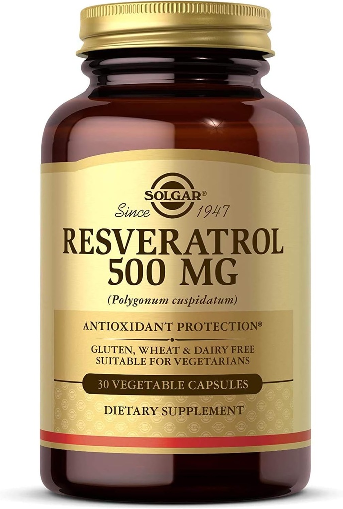 Solgar Resvératrol 500 mg, 30 capsules végétales - Protection antioxydante - Sans gluten, sans lait - 30 portions