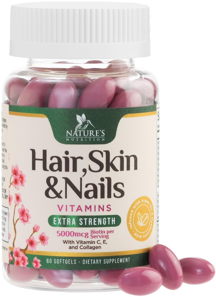 Hair, Skin & Nails Vitamins - Biotin 5000mcg Per Serving - Extra Strength Hair Growth Support For Women with Collagen, Argan Oil - Beautiful Skin, Hair & Nails Supplement - USA Bottled - 60 Softgels