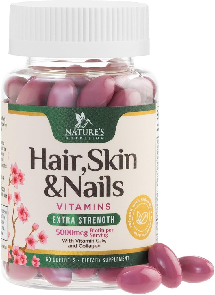 Vitamines pour les cheveux, la peau et les ongles pour les femmes - Biotin 5000mcg pour soutenir la croissance des cheveux avec huile d'argan, collagène et acide hyaluronique, belle peau, plus forte, cheveux et ongles supplément vitamine - 60 Softgels