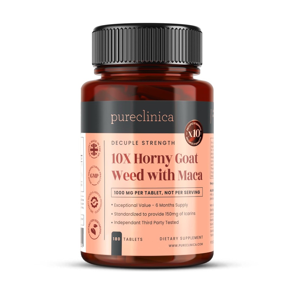 purclinica 10X Extrait d'herbe de chèvre et de maca 6250mg x 180 comprimés (6 mois d'approvisionnement) -10 X Autres icariines - w/5mg Extrait de poivre noir pour 300% Absorption accrue