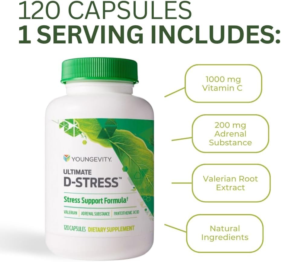 Youngevity Ultimate D-StressTM – Supplément de soulagement du stress naturel avec Magnésium, Extrait de racine valériane et Vitamines B – Soutient la santé adrénale et le système nerveux – 120 capsules (paquet de 1)