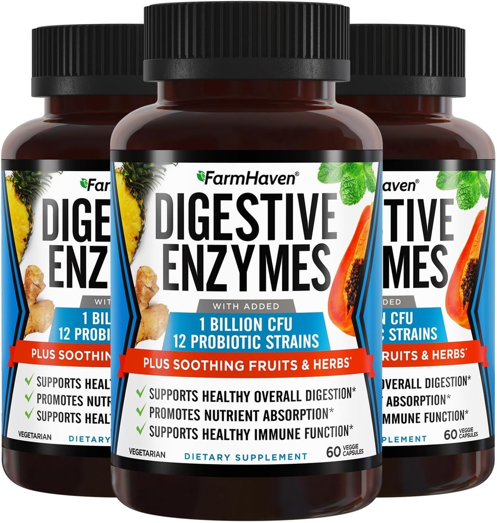 FarmHaven Digestive Enzymes with 18 Probiotics & Herbs | Papaya, Bromelain, Protease & More for Lactose Absorption & Better Digestion | Helps Bloating, Gas, Constipation | Vegetarian, 180 Capsules