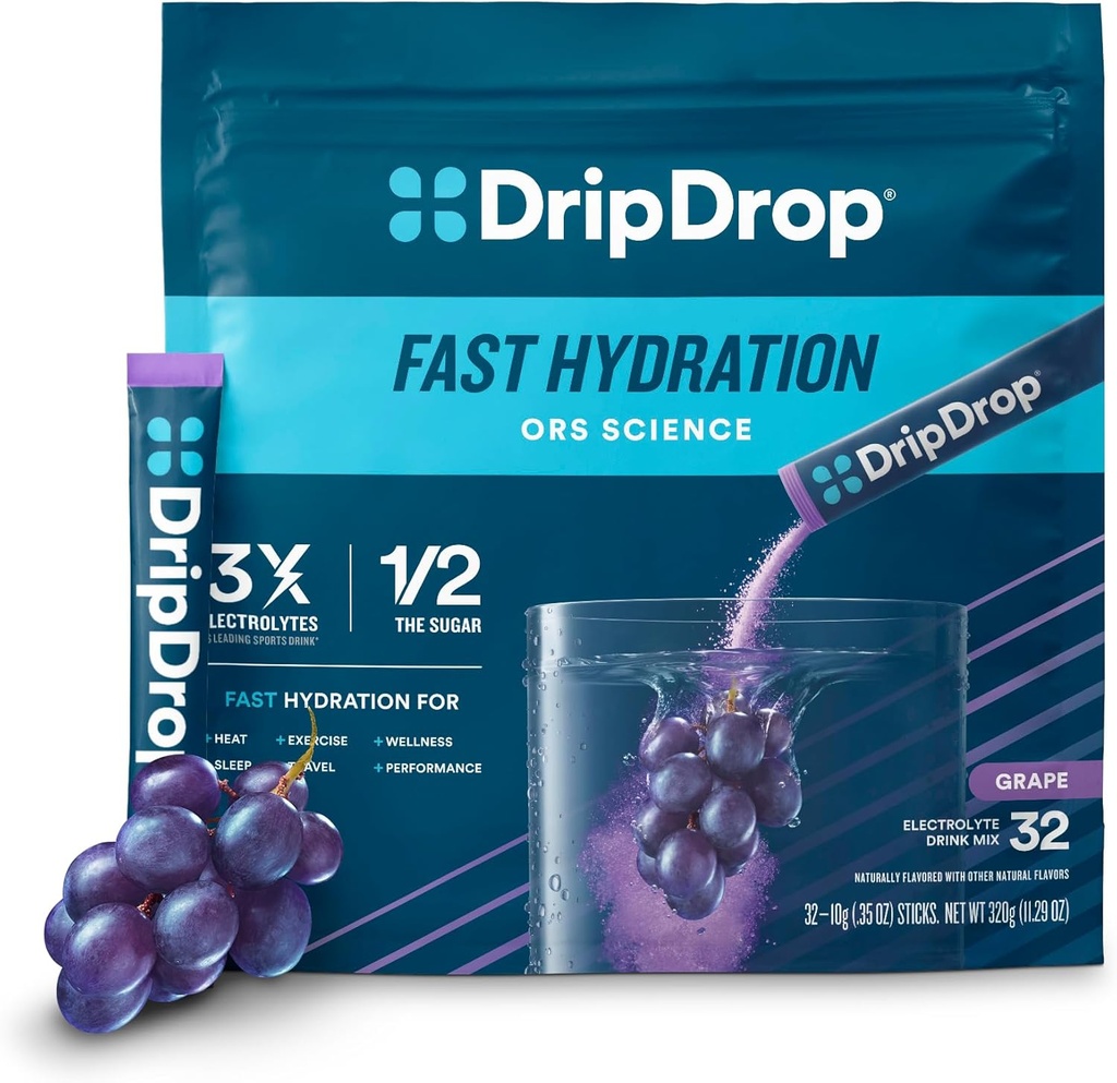 DripDrop Packets d'hydratation - Raisin - Mélange de poudre d'électrolytes à usage unique - Non-OGM, sans gluten, végétalien - 32 bâtonnets