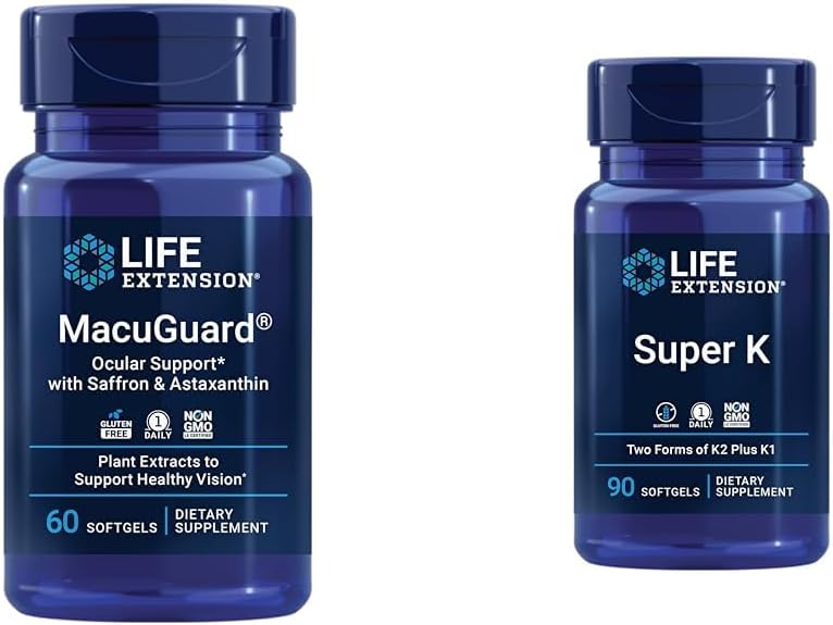 Prolongation de vie Macuguard Supplément santé oculaire avec lutéine, méso-zéaxanthine, safran et astaxanthine - 60 Compte et super K vitamine K1 K2 MK-7 MK-4 vitamine C - 90 Softgels