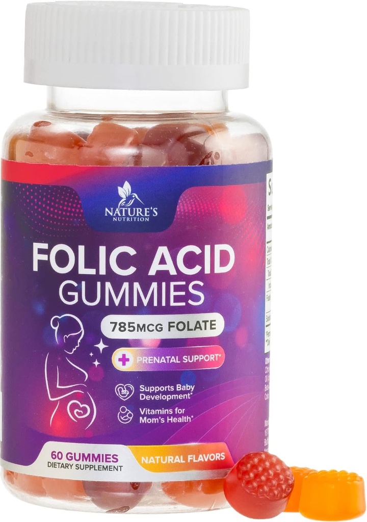 Gommies d'acide folique pour les femmes 785 mcg, Vitamines prénatales essentielles pour maman et bébé, supplément folique végétalien Gommy, vitamine quotidienne B9 Folate d'extra-force, avant pendant la grossesse - 60 Gommies