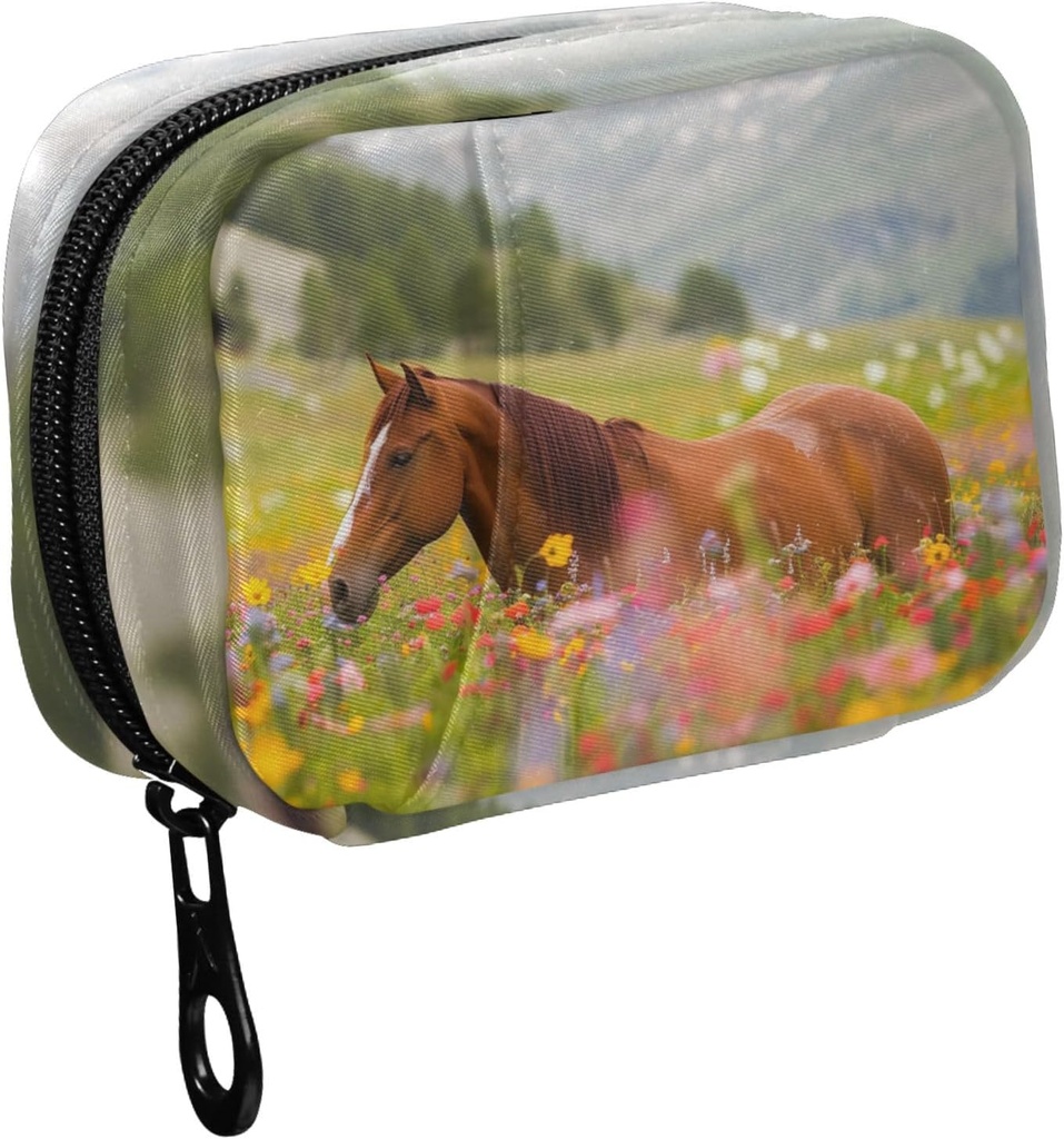 Fustylead Long Mane Horse in Colorful Flower Field Pill Organizer Case avec Zipper 2 fois par jour pour la vitamine et le supplément, 7 jours de voyage Organizer Medicine Case