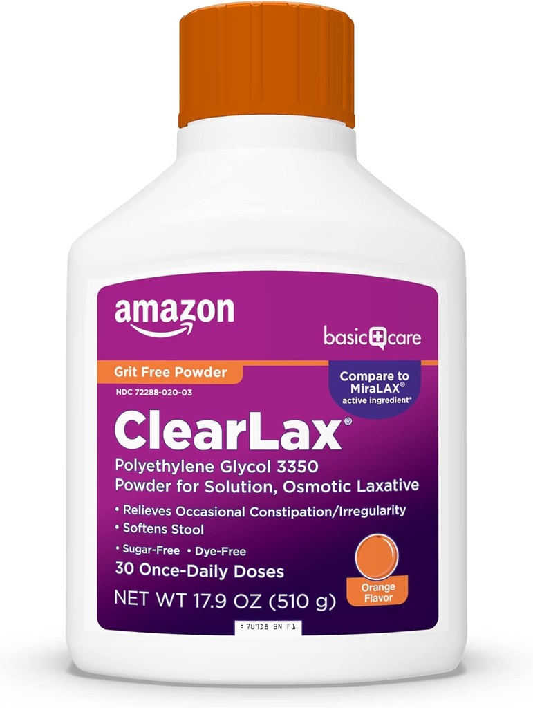 Soins de base ClearLax Polyéthylène Glycol 3350 Poudre pour solution, Arôme orange, Laxatif osmotique, Adoucisseur de tabouret, Soulage Constipation occasionnelle, 1,11 livre (paquet de 1)